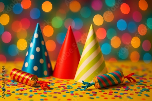 Colorful Party Hats and Noise Makers on Festive Table With Blurred Lights