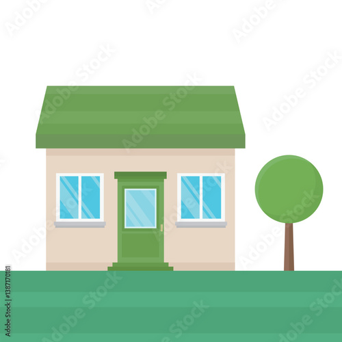 Vector illustration of house on white background. House with two windows and a tree.