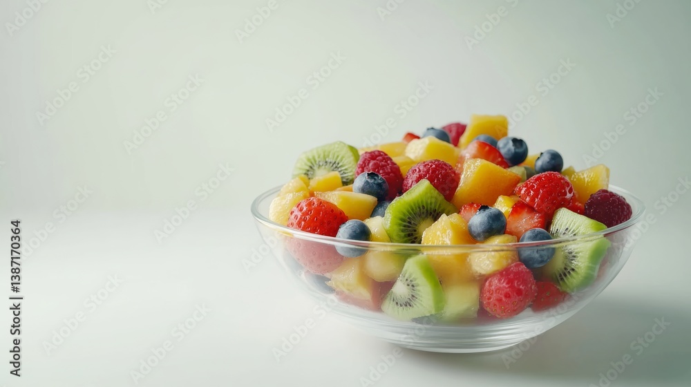 A bowl of fresh fruit salad with strawberries, blueberries, and kiwi. Featuring refreshment and vitality