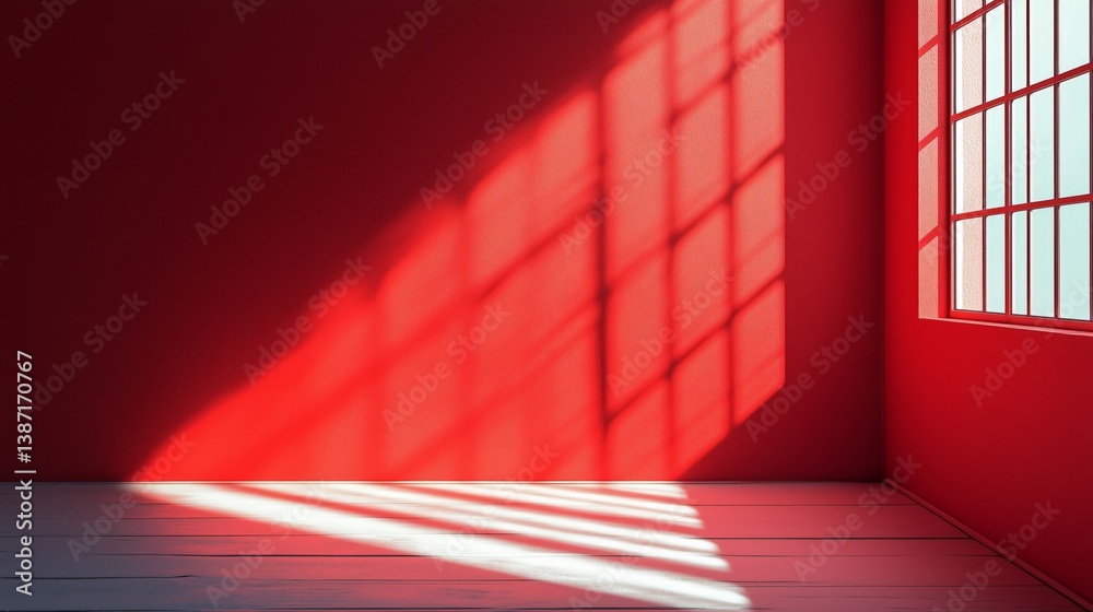 Bright Red Room With Patterns of Light Created by Window Shadows in a Contemporary Setting Bright Red Room With Patterns of Light Created by Window Shadows in a Contemporary Setting