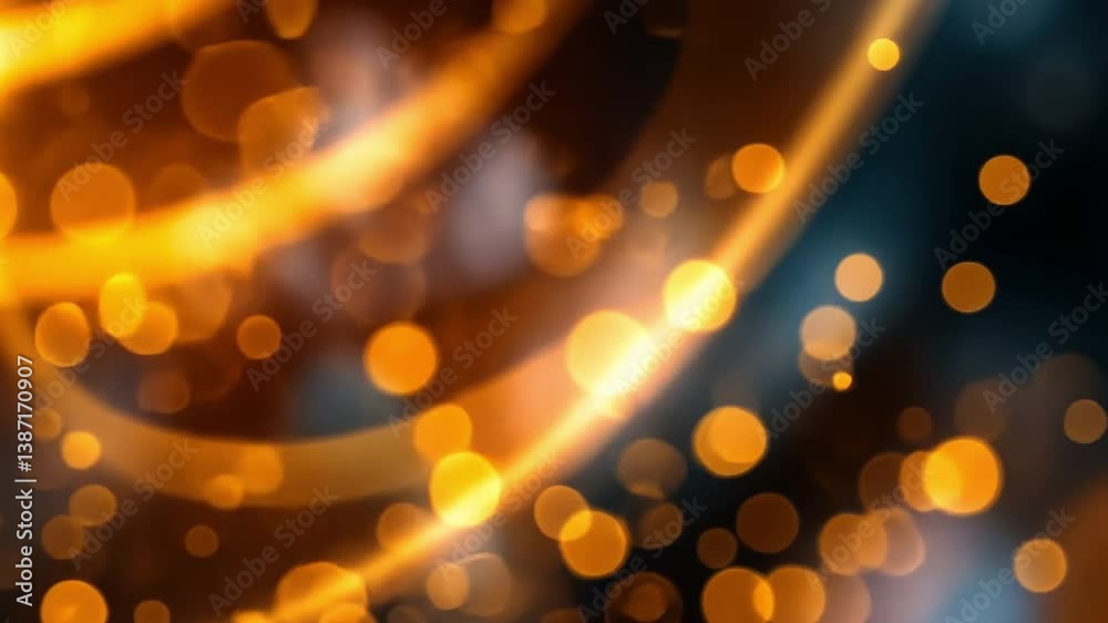 Abstract background of glowing orange and yellow bokeh lights against dark backdrop, creating warm atmosphere that evokes celebration and joy with shimmering tones.
