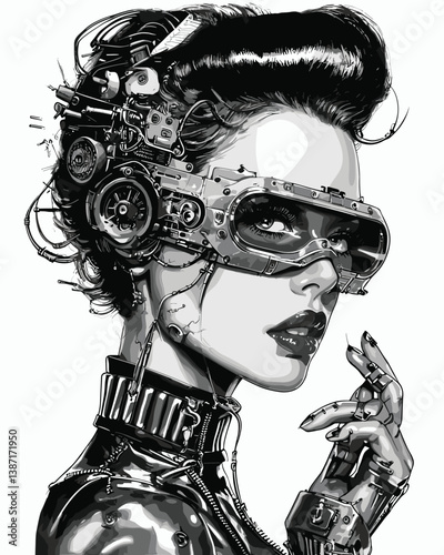 futuristic cyborg cyber punk woman wearing intricate tech headgear with wires, circuits, and a sleek modern design sketch engraving generative ai vector illustration. Scratch board.