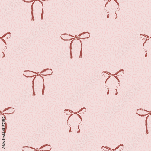 Coquette bows seamless pattern. Retro bowknotes girly endless background. gift ribbons repeat cover. Party crayon drawn continuous ornament.Vector hand drawn illustration.