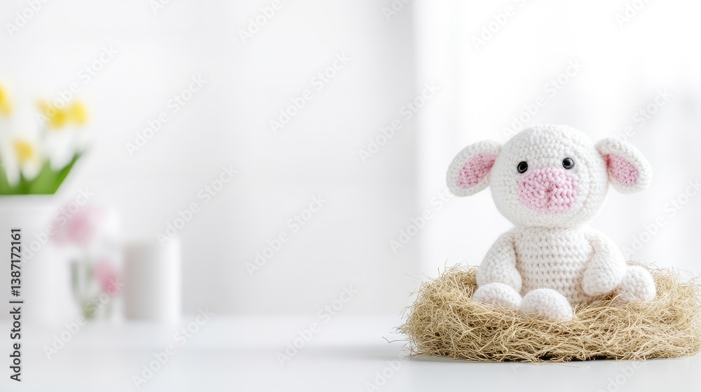 Fototapeta premium Handmade crocheted white lamb toy sitting in a small straw nest on a white table with spring flowers in a bright room.