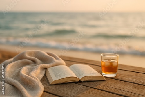 Enjoying a Book and Drink at Sunset on the Beach With Gentle Waves in the Bac...