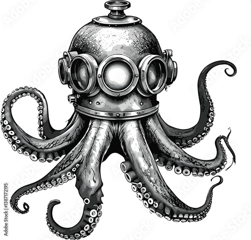 octopus with a vintage diving helmet, combining marine life with steampunk elements sketch engraving generative ai PNG illustration