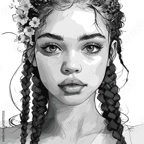 Russian beautiful woman in traditional folk attire, wearing a lace headscarf and floral accessories sketch engraving generative ai fictional character