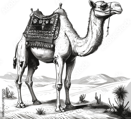 camel in a desert setting with mountains, palm trees, and a distant settlement under a setting sun sketch engraving generative ai vector illustration