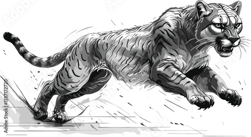 Jumping running panther, emphasizing its muscular build and agility. Tattoo design sketch engraving generative ai raster illustration