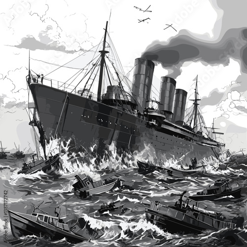 Vintage military ship in sea battle with birds flying overhead and smaller ships in the background sketch engraving generative ai raster illustration