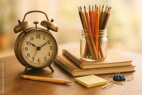 Brown Alarm Clock With Pencils and Notepads on a Wooden Desk in a Bright Work...
