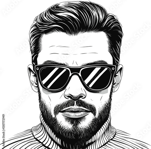 Mafioso smiling man wearing sunglasses and a suit, exuding confidence and a vintage, stylish look sketch engraving generative ai vector illustration. Scratch board imitation. 