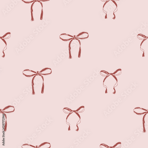 Coquette bows seamless pattern. Retro bowknotes girly endless background. gift ribbons repeat cover. Party crayon drawn continuous ornament.Vector hand drawn illustration.