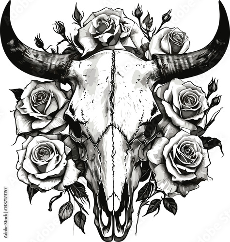 bull skull adorned with roses and leaves, combining floral and western tattoo art elements sketch engraving generative ai vector illustration.