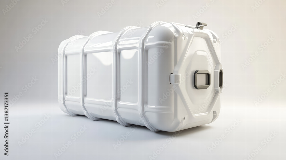 White Hard Case: A white hard case with multiple latches and clasps, showcasing its robust construction and reliable protection. The case rests on a light gray background.