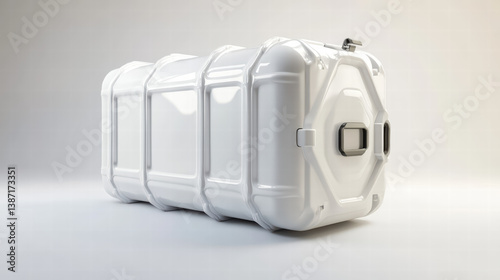 Obraz na płótnie White Hard Case: A white hard case with multiple latches and clasps, showcasing its robust construction and reliable protection. The case rests on a light gray background. w salonie