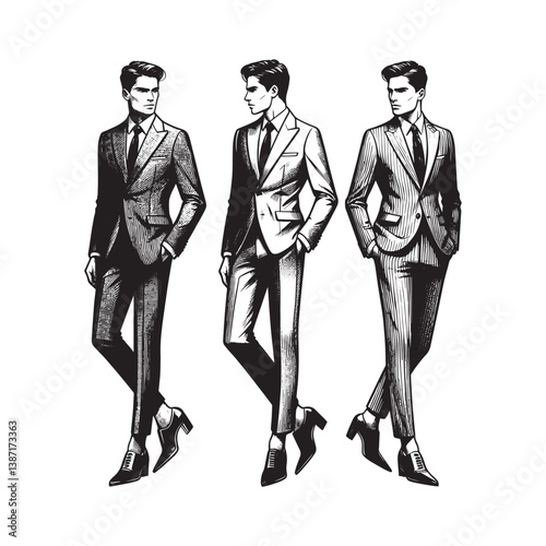 A business professional in a tailored grey power suit with pointed heels, in clean detail traditional woodcut drawing,
