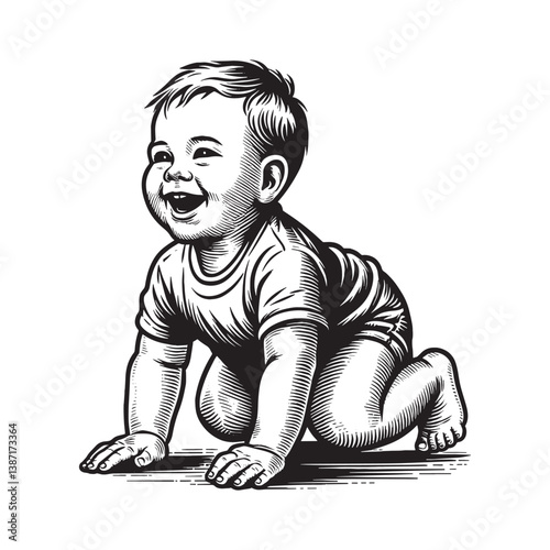 A Captivating Woodcut Style Illustration of a Gleeful Baby Exploring the World