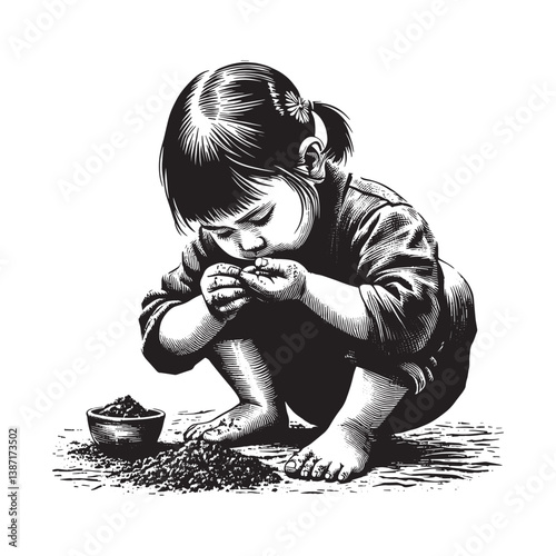 A child cleaning dirt from under their nails in realistic, woodcut drawing3483