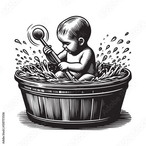 A baby in a small washtub, splashing gently with water droplets flying around, in clean detail traditional woodcut drawing,