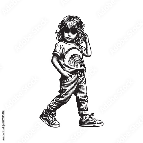 A child with rainbow motif clothes walking with confident attitude