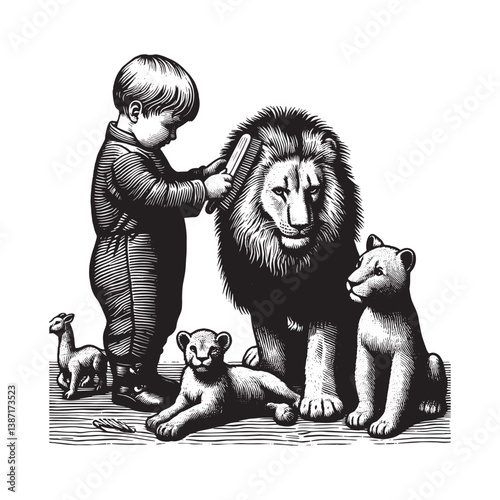 A child lovingly grooming a regal lion family with tender affection and care