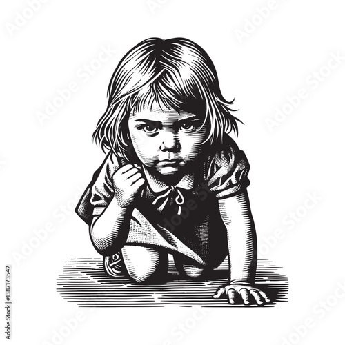 A determined little girl crawling forward with intense focus in woodcut style