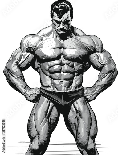 strong, muscular man drinking a protein shake, symbolizing fitness, nutrition, and bodybuilding dedication sketch engraving generative ai PNG illustration.