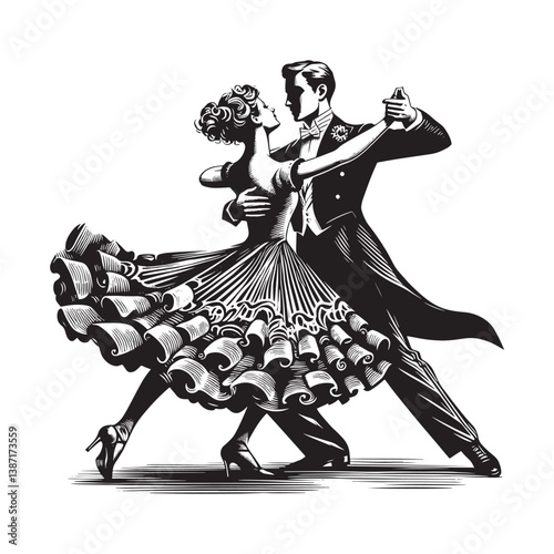 A couple embraces elegance in a vintage dance woodcut drawing in monochrome style