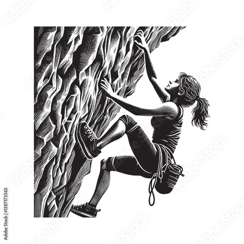 A determined woman,s ascent on a textured rock face in a woodcut style