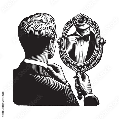 A distinguished gentleman perfecting his attire through an ornate reflection