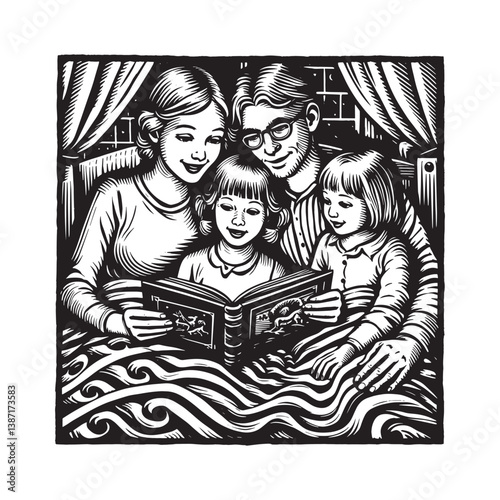 A family sharing a storybook at bedtime in monochrome woodcut illustration