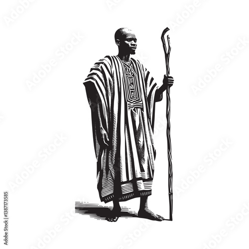 a full length view of A man dressed in a traditional Congolese abacost, gripping a walking stick in realistic, woodcut drawing,