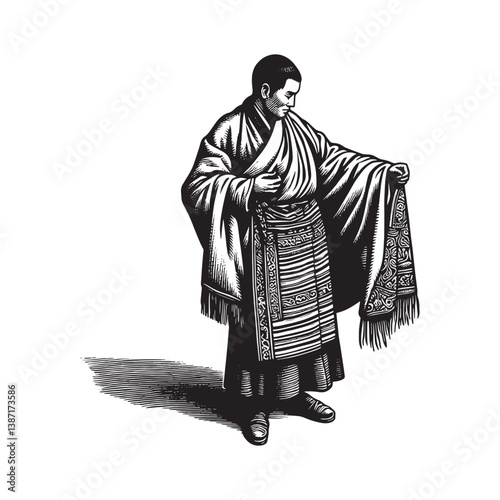 a full length view of A man dressed in a Tibetan chuba, wrapping a shawl around his shoulders in realistic, woodcut drawing,