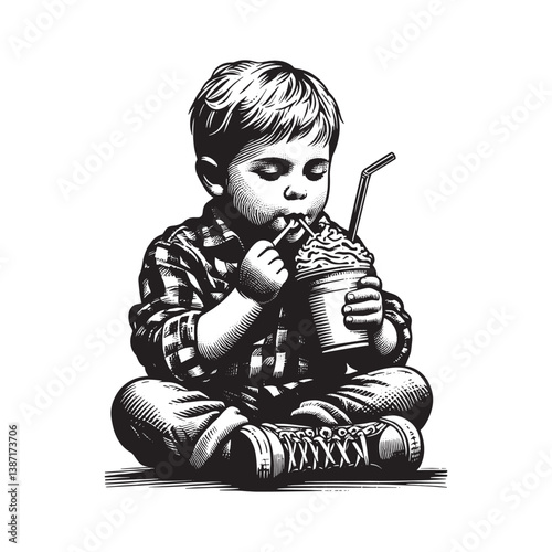 a little boy Relishing a cookies-and-cream milkshake in realistic, woodcut drawing5509