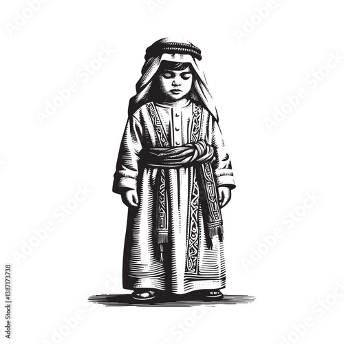 a little boy wearing Bedouin Robes traditional fashion style in realistic, woodcut drawing5417