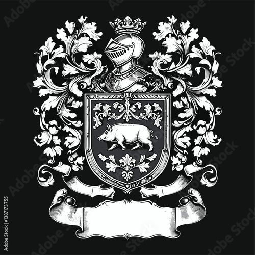 medieval coat of arms with boar, knight helmet, crossed swords, symbolizing strength and heritage sketch engraving generative ai raster illustration.