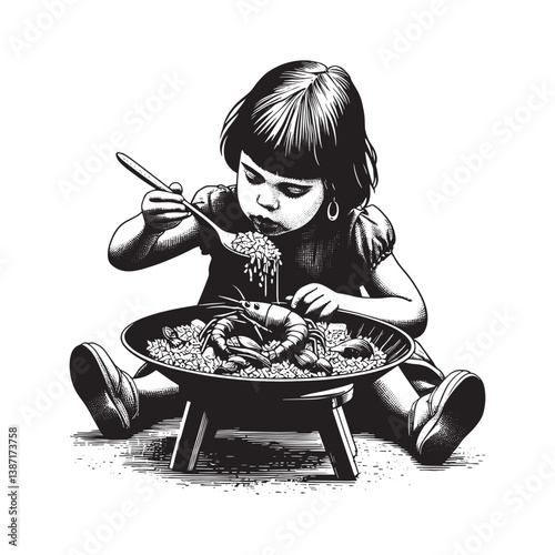 a little girl Eating paella  in realistic, woodcut drawing6171