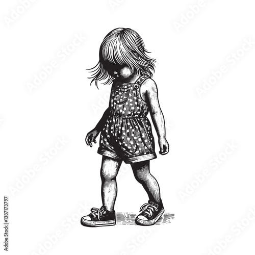 A little girl with polka dots romper and sneakers in woodcut style drawing