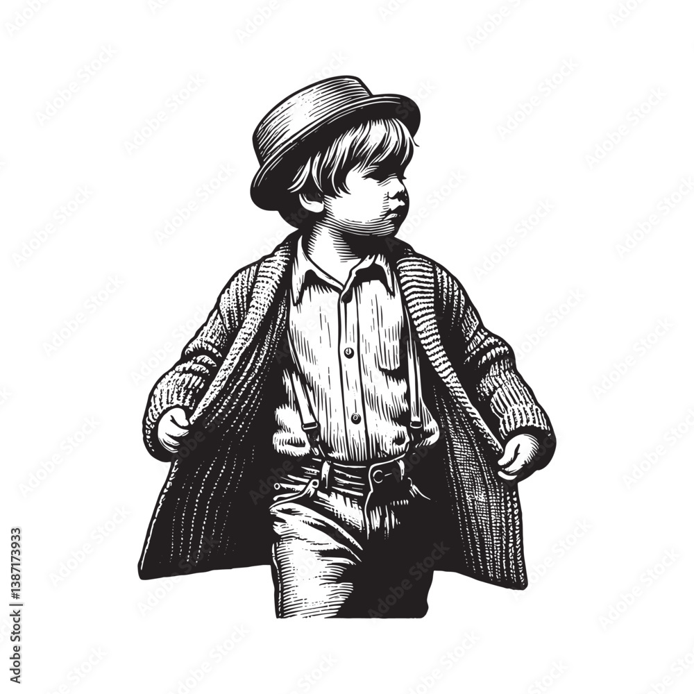 Obraz premium A nostalgic monochrome sketch of a young boy dressed in vintage attire