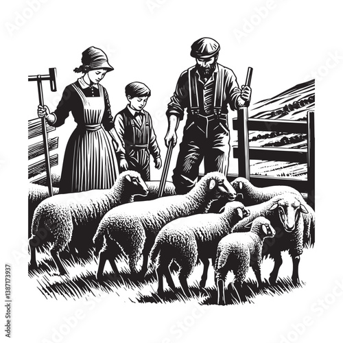 A pastoral scene with family herding sheep rendered in woodcut illustration