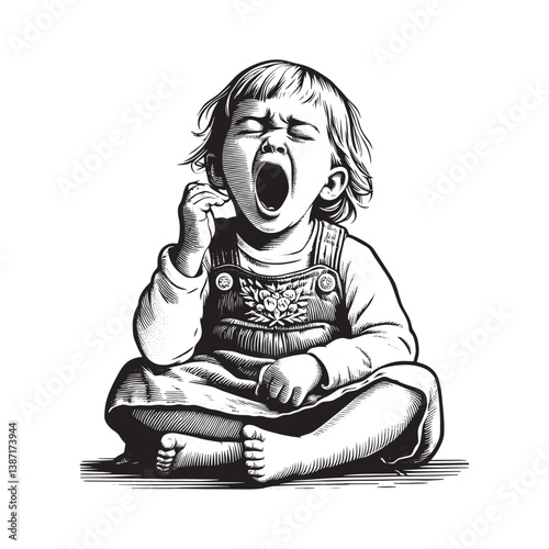 A monochrome illustration depicting a child yawning in detailed lines