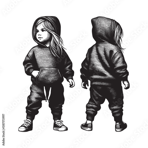 A stylized artistic representation of a child in casual streetwear apparel