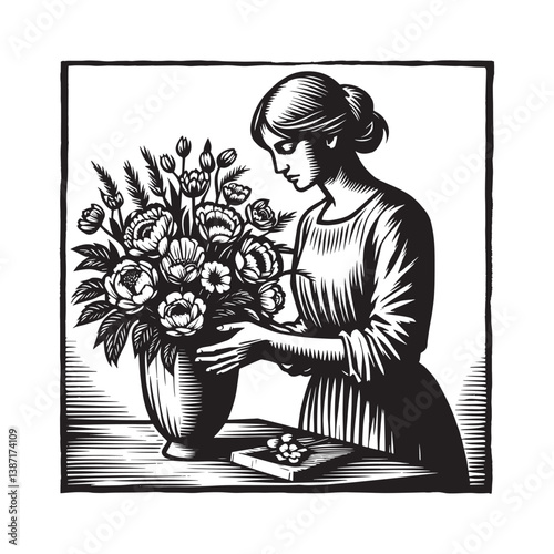 A woman delicately arranges a vibrant bouquet in a vintage vase with artistry