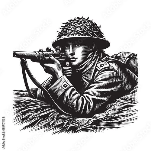 A woman disguised as a soldier in the trenches, blending in seamlessly, in realistic, woodcut drawing1635