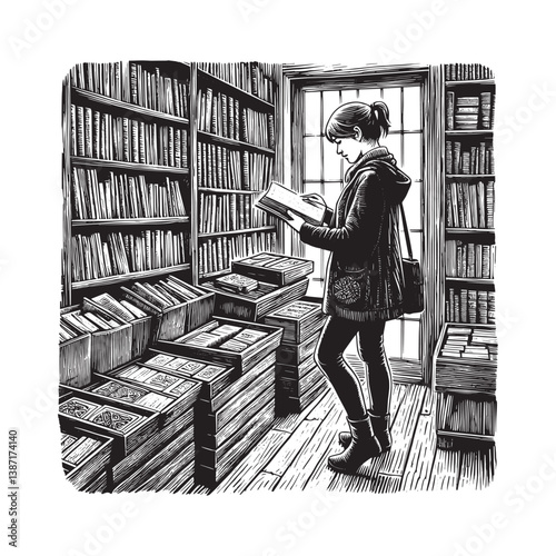A woman captivated by a book in an enchanting vintage bookstore setting
