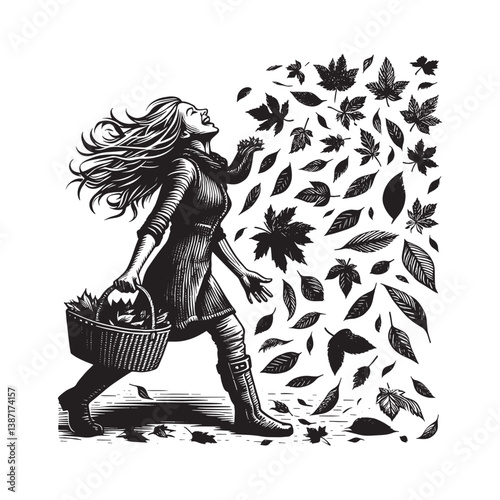 A woman embraces the autumn spirit with falling leaves in joyous artwork