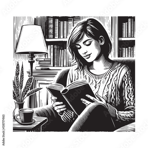 A woman engrossed in reading book inside a cozy library with warm light
