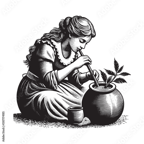 A woman enjoys yerba mate in a traditional gourd with woodcut style illustration
