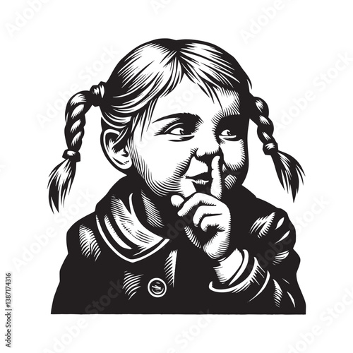 A young girl with braids sharing a secret depicted in woodcut style art